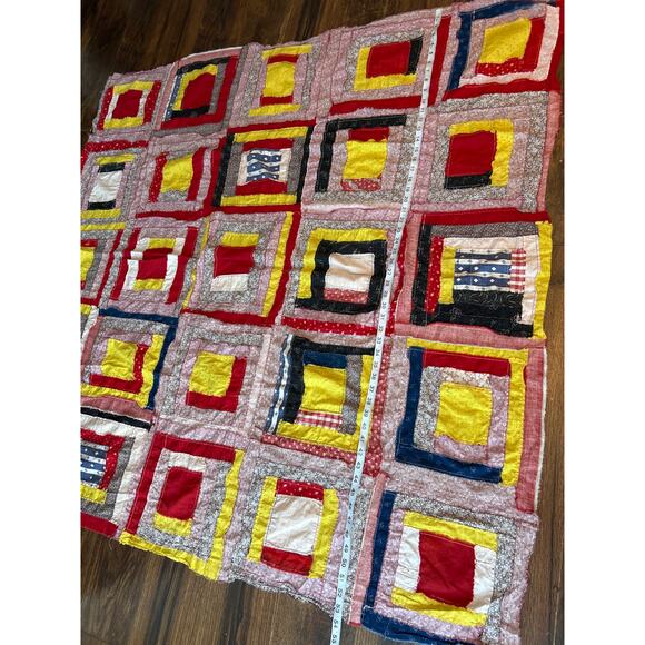 Log Cabin Quilt Topper Burgundy Navy Blue Yellow Country Cottage 53"x53" Square - Picture 5 of 5